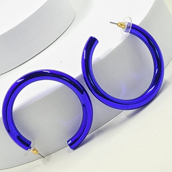 2" 80's Retro Royal Blue Metallic Coating Tube Metal Hoop Earrings - Picture 10 of 11